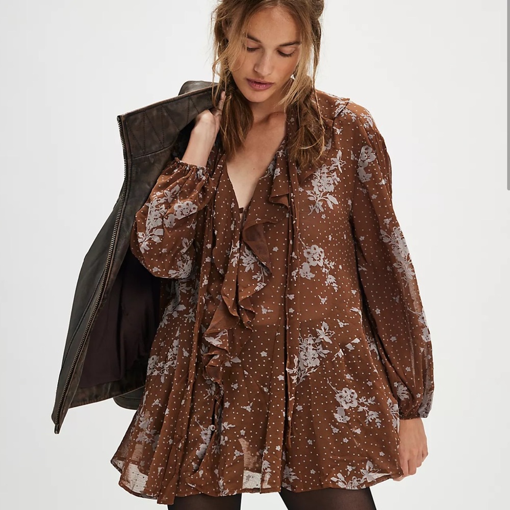 Free People Brown Floral Ruffle Top